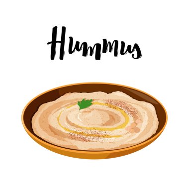 El yazısı olan gerçekçi vektör illüstrasyonu. Ulusal yahudi mutfağı Humus 'u seramik kasede.