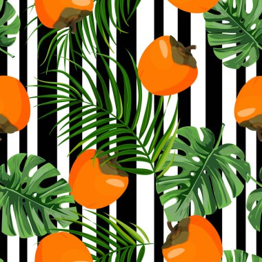 Tropik taze hurma pürüzsüz deseni. Yaz arkaplanı tatlı meyve, canavar ve palmiye yapraklarıyla.