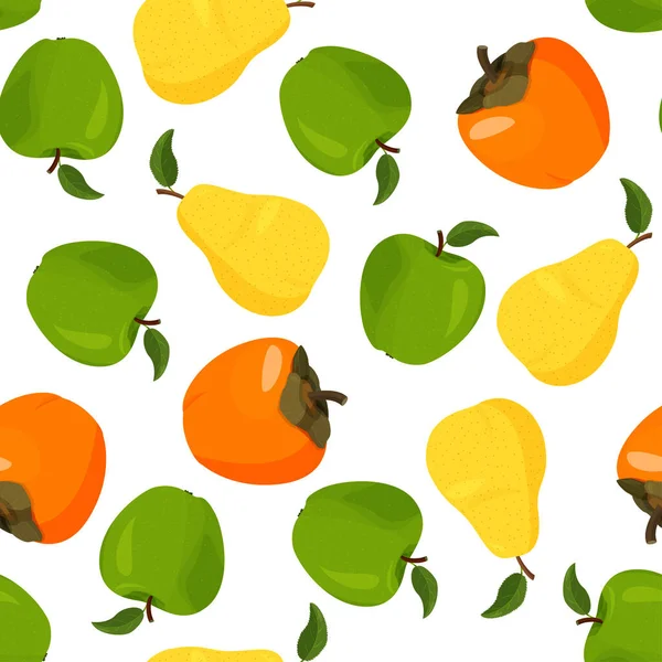 Poire jaune fraîche, kaki et pomme verte motif sans couture. Lumineux fond d'été . — Image vectorielle