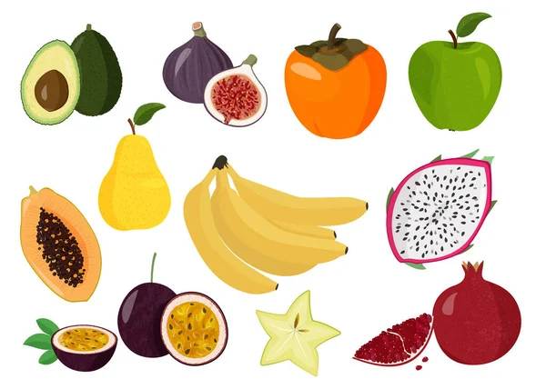 Colección de vectores de frutas frescas. Conjunto de frutas dulces. Caqui, papaya, fruta del dragón, granada, fruta de la pasión, plátano, fruta estrella, pera y manzana . — Vector de stock