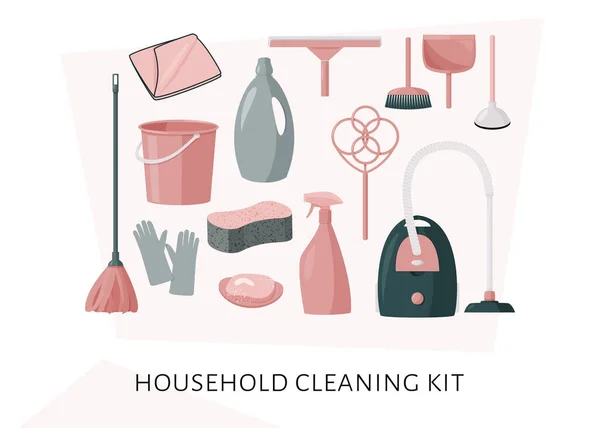 Colorida colección de productos de limpieza. Herramientas de limpieza para el hogar. Conjunto vectorial de ilustraciones en estilo de diseño plano . — Vector de stock
