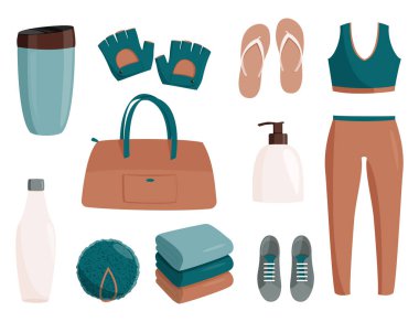 Spor salonunu ziyaret edecek eşyaların koleksiyonu. Stort vektörü ayarlandı.