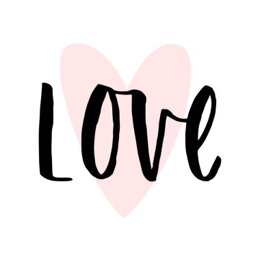 El yazısı tasarım. Modern hat sanatı. Beyaz arka planda aşk harfleri ve pembe kalp olan vektör modayı çizimi.