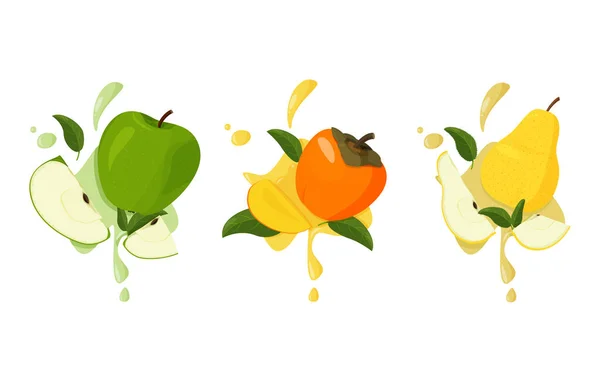 Persimmon Pomme Poire Aux Feuilles Vertes Ensemble Fruits Frais Avec — Image vectorielle