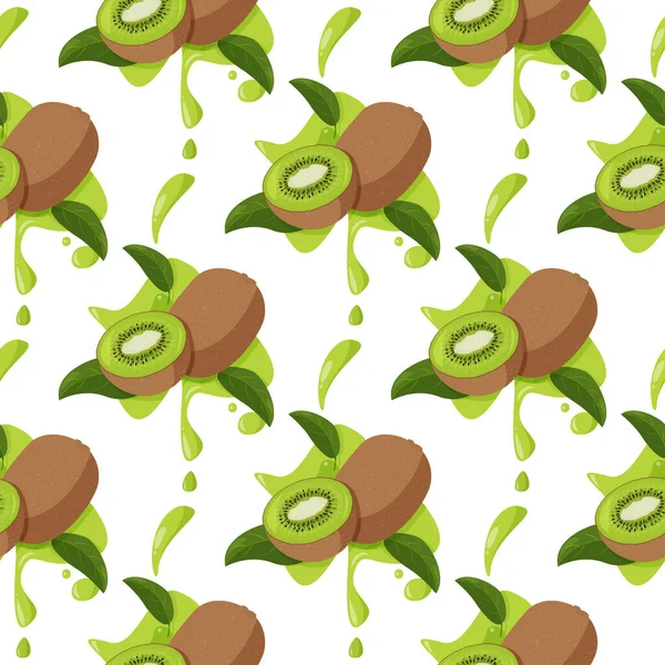 Summer Food Seamless Pattern Fresh Kiwi Fruit Green Leaves Juicy — Stock Vector