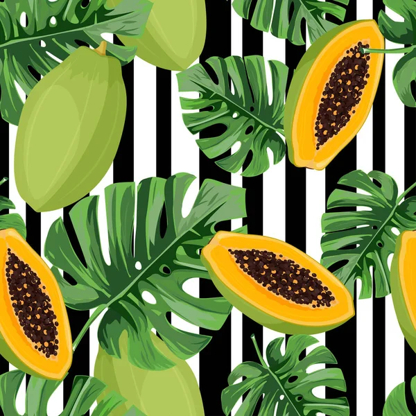 Grafiksel olarak soyulmuş arka plan. Canavar yaprakları ve papaya ile parlak, egzotik, pürüzsüz desen.