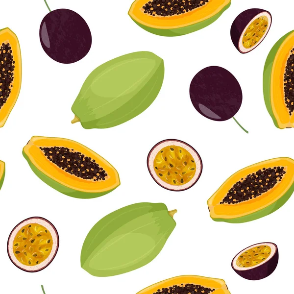 Zomer Naadloos Patroon Heldere Tropische Fruit Papaya Passie Fruit Achtergrond — Stockvector