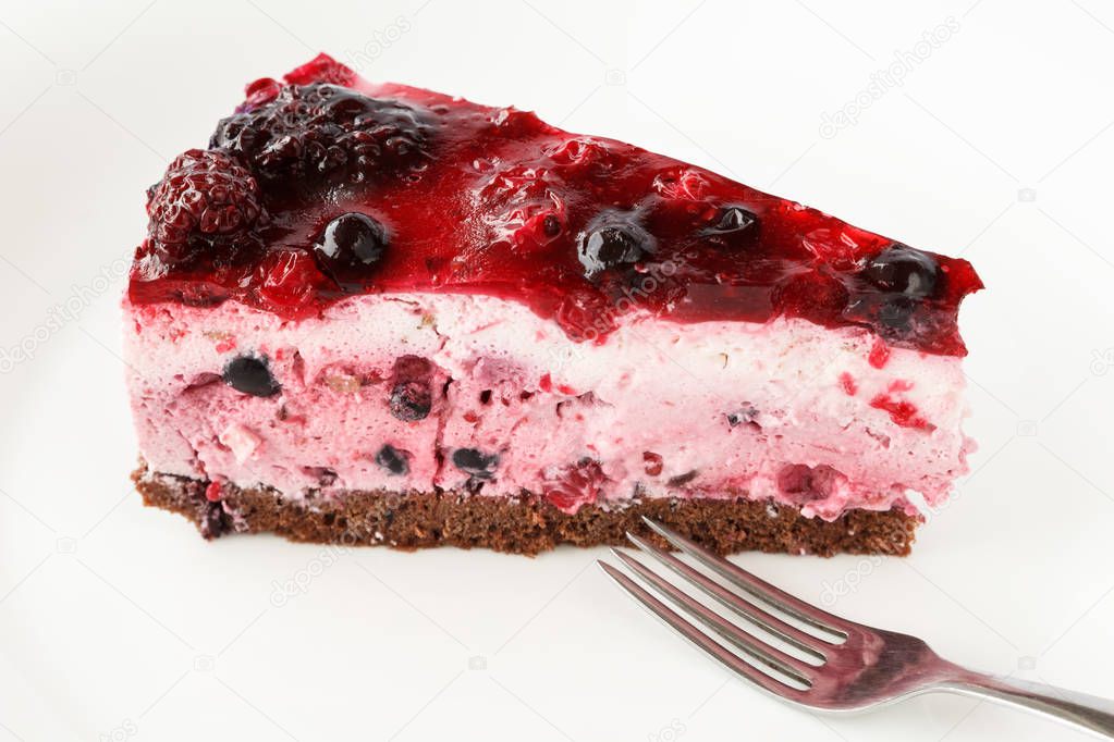 Delicious parfait cake with wildberries, cocoa tier and jelly icing 