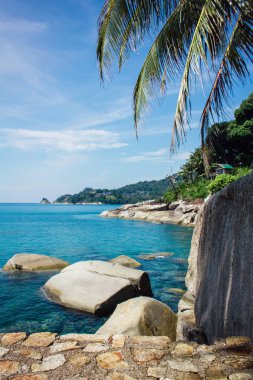 Avuç içi ve deniz kenarında kayalar. Kayalar ve bir avuç içi kıyı.