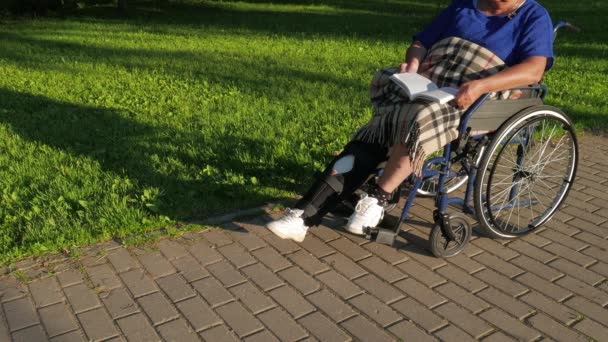 Une femme handicapée lit un livre . — Video