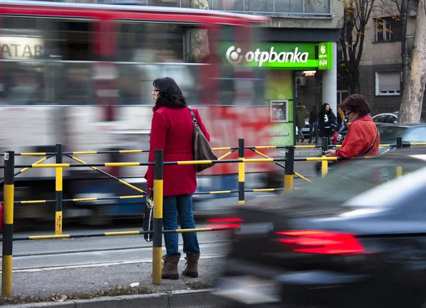 At a tram stop — Stock Photo, Image