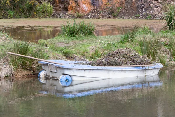 Rowing boats with weeds after cleaning the bank of a pond