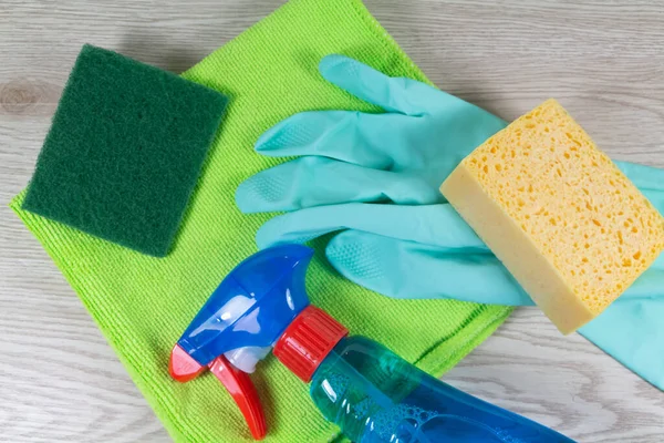 Microfiber Clothes Sponge Scrub Pad Spray Rubber Glove — Stock Photo, Image