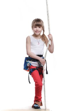 Beyaz bir arka plan üzerinde kız dağcı 