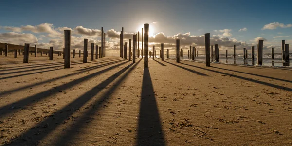 Pólos Praia Petten Holanda Durante Pôr Sol Vento Forte Uma — Fotografia de Stock