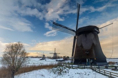 Hollanda yel değirmenleri bir kış manzarası