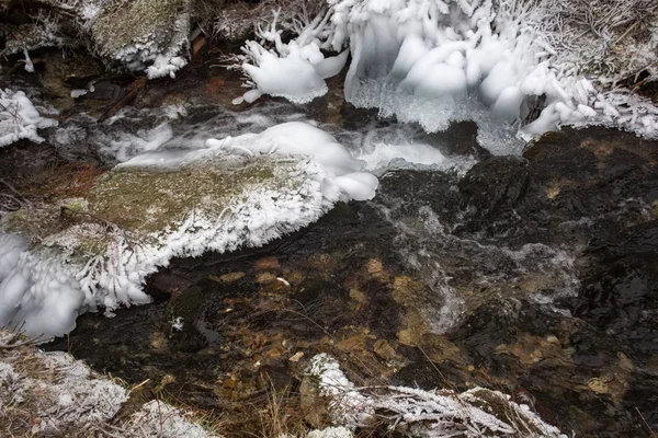 Горный поток с замерзшими берегами . — стоковое фото
