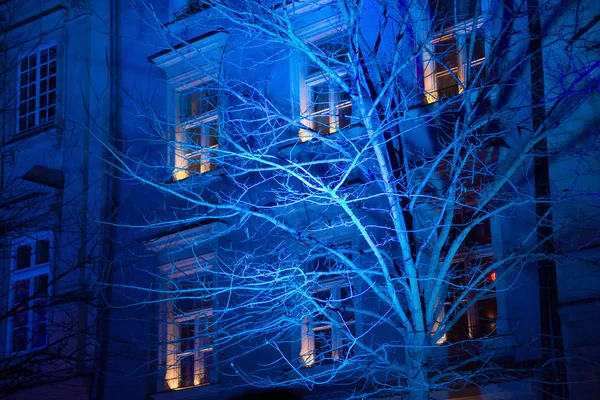 Mavi gece ışıkları Krakow binaların. — Stok fotoğraf