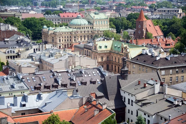 Aerial view of the roofs of houses in the historic part of Krakow with church of the Holy Cross, Juliusz Slowacki Theatre and other buildings. — Stock Photo, Image