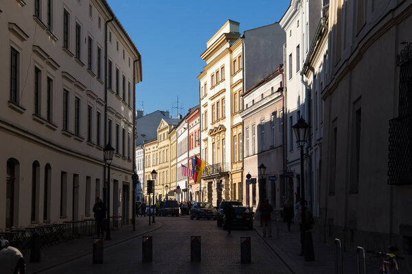KRAKOW, POLAND - MARCH 28, 2017: Stolarska Street in old center of Krakow, where is situated the General Consulate of Federal Republic of Germany and the General Consulate of USA.