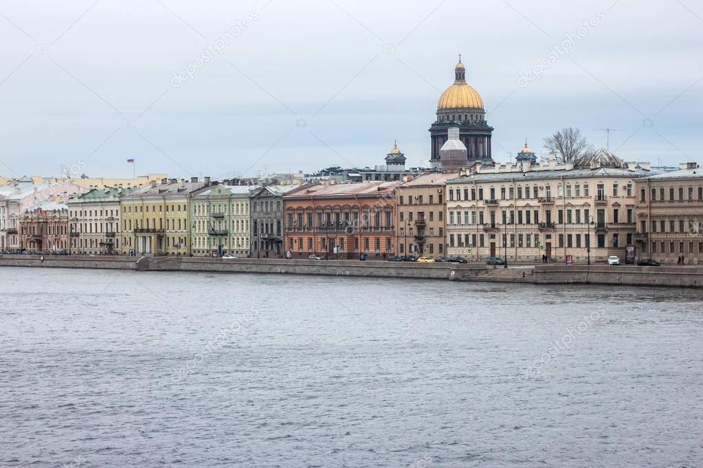 Old historical buildings on the English Embankment of Saint Petersburg (formerly named Leningrad). 