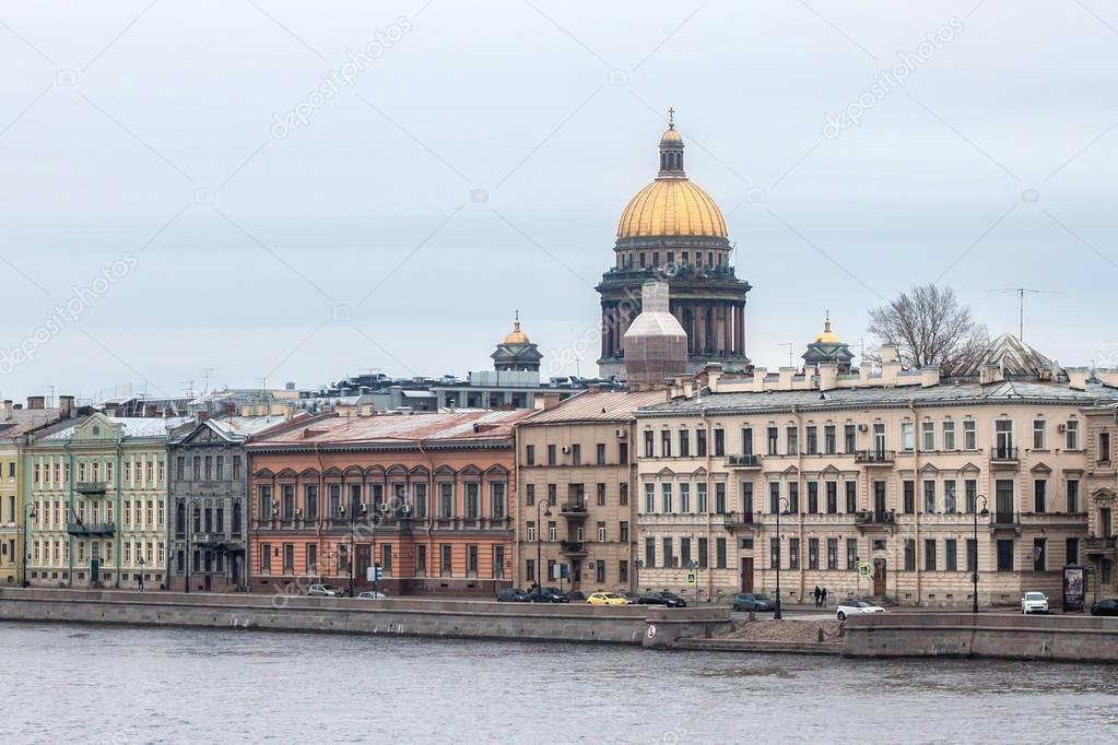 Old historical buildings on the English Embankment of Saint Petersburg (formerly named Leningrad). 