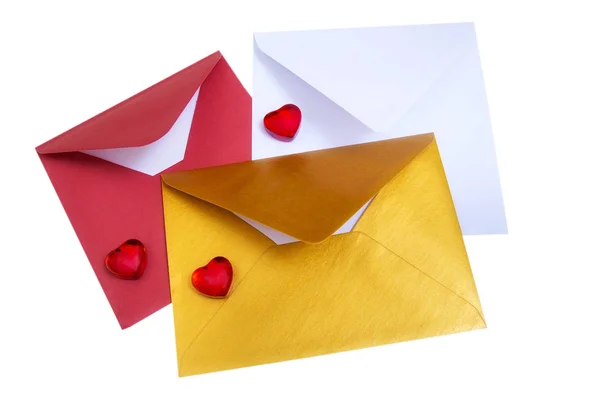 Group of open multicolored envelopes with red hearts. — Stock Photo, Image