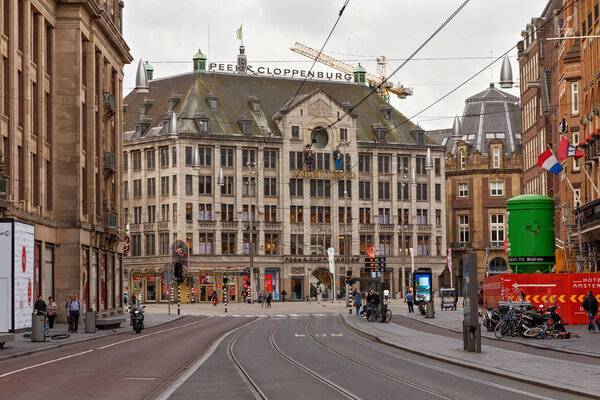 View to the Madame Tussauds Amsterdam wax museum from the Damrak street. 
