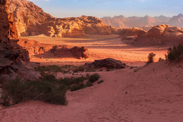 Red mountains of the canyon of Wadi Rum desert in Jordan.