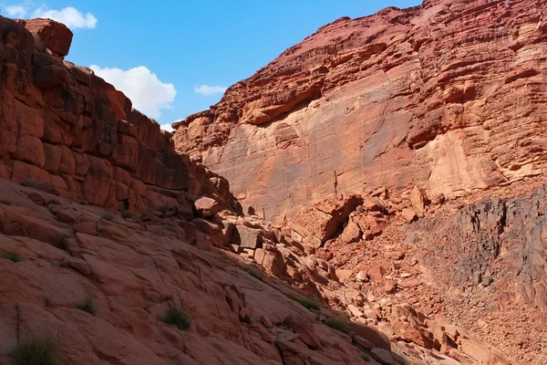 Murallas de piedra roja del cañón del desierto de Wadi Rum en Jordania . — Foto de Stock