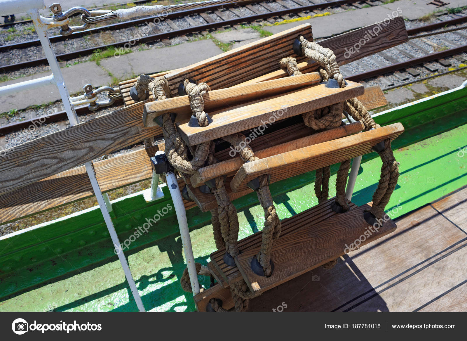 Rope Wood Ladder On A Sailing Ship Stock Photo
