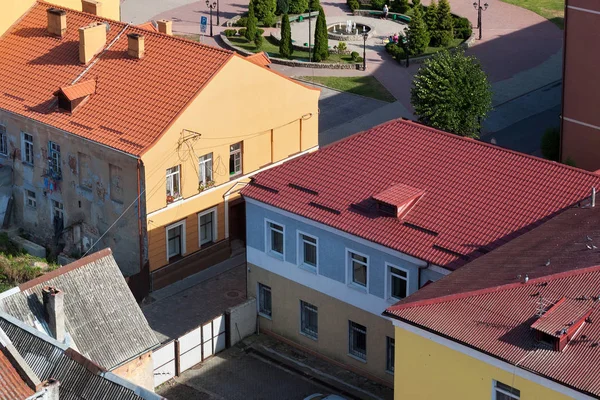 Aeral view of the old historic buildings in center of Pravdinsk, Kaliningrad Oblast, Russia. — Stock Photo, Image