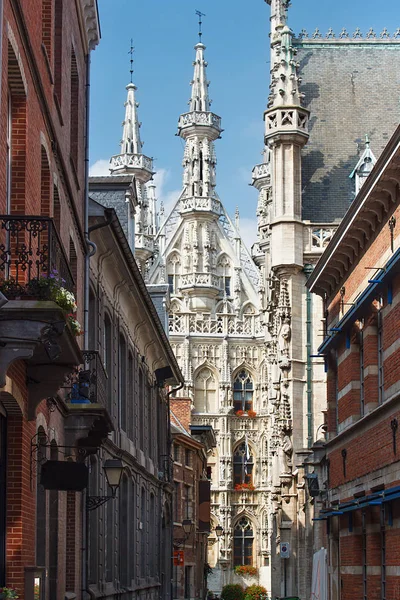 Weergave van het stadhuis van Leuven van smalle Eikstraat straat. — Stockfoto