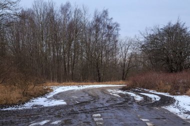 Erken baharda kar kalıntıları ile ormana kırsal yol.