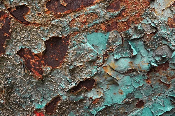 Superficie metálica oxidada con pinturas peladas y conchas marinas — Foto de Stock