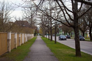 Parnu şehrinde yolun kenarında yürüyorum..