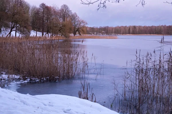 Красивый зимний пейзаж с озером в Тракае, Литва . — стоковое фото