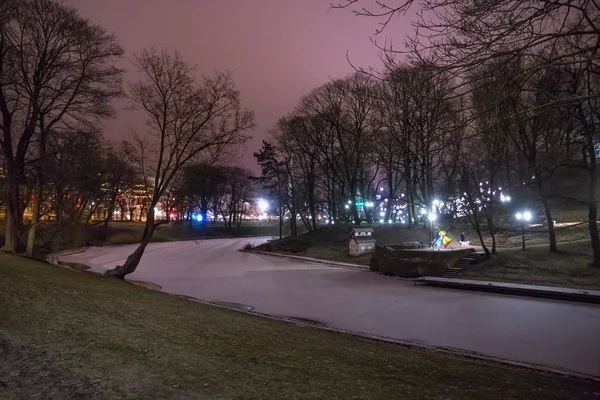 Nocny zimowy widok na park miejski Bastion Hill w historycznej części Rygi. Łotwa. — Zdjęcie stockowe