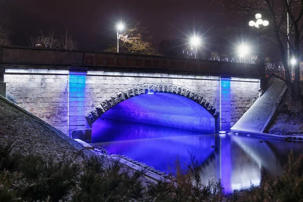 Vista nocturna de invierno del puente Alexander en el parque de Bastion Hill en Riga (Letonia ). — Foto de Stock