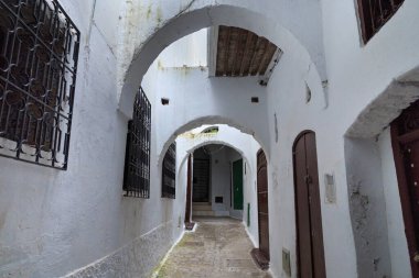 Kuzey Fas 'taki Tetouan Medina bölgesinin eski duvarlarının manzarası. Bir medine tipik olarak dar ve labirent benzeri sokaklarla çevrili ve çoğu zaman tarihi evler, saraylar, mekanlar içerir..