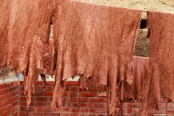 テトゥアン メディナの古いタナリーのロープで革を乾燥させます モロッコ北部 — ストック写真