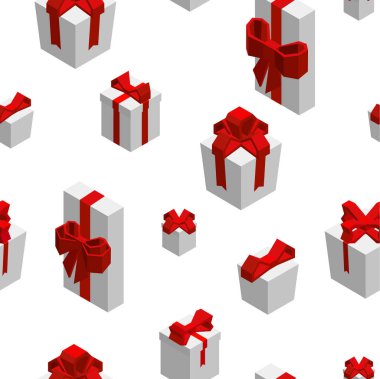 Dikişsiz desen hediyeler ve beyaz bir arka plan üzerinde yay. İzometrik 3d