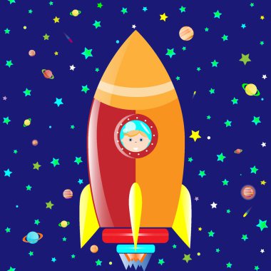 Bebek roket alanı yıldızlı gökyüzü çizgi film vektör çizim
