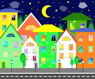Vektör çizim karikatür gece şehir renkli evler