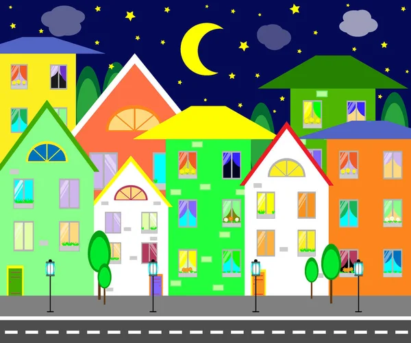 Cartoon night city colorful houses vector illustration — Stock Vector