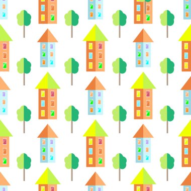 Renkli evleri, ağaç şeffaf arka plan vektör çizim sorunsuz çocuk desen