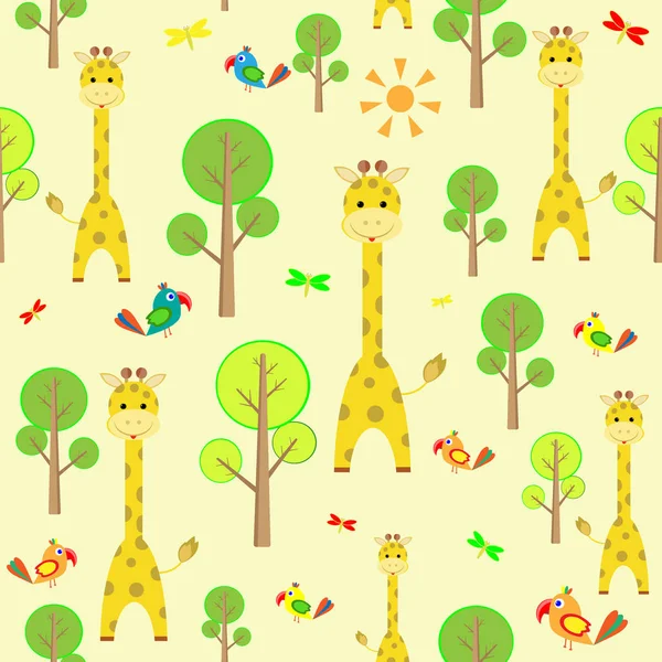 Дети бесшовный шаблон мультяшный жираф, векторная иллюстрация попугая — стоковый вектор