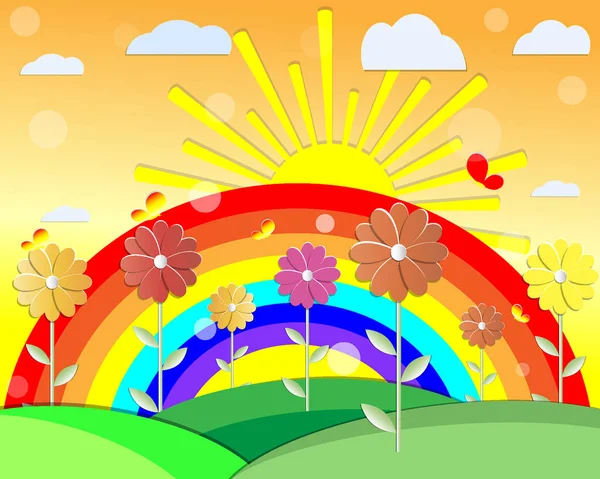 Fondo de verano con flores de papel, mariposa arco iris vector ilustración — Vector de stock