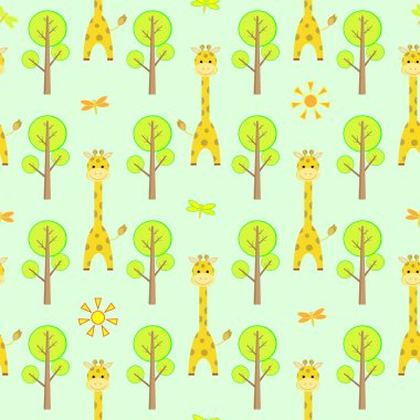 Sevimli çizgi film zürafayı, baobab, Yusufçuk, güneş vektör çizim ile sorunsuz çocuk desen
