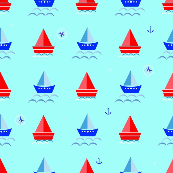 Desenho animado barco, veleiro azul fundo sem costura padrão vetor ilustração —  Vetores de Stock